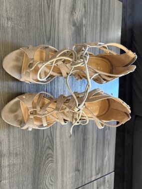 Chinese Laundry Taupe Lace-Up Strappy Block Heels